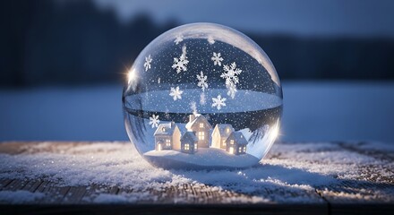 Enchanting Snow Globe with Illuminated Village and Falling Snowflakes at Dusk.