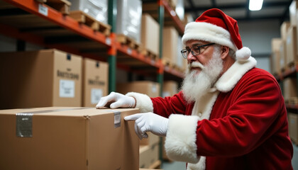 Santa claus in warehouse setting inspecting cardboard boxes for christmas season preparation