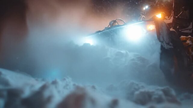 A snowplow is working diligently under the night sky, using bright lights to clear heavy snowfall from a road. The machine pushes snow aside, making the path safer for vehicles.