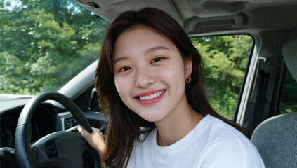 A young woman sitting inside a car looking thoughtfully outside with lush green nature visible through the window.
