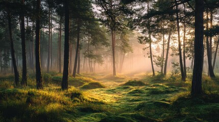 Obraz premium A serene forest scene with sunlight filtering through towering trees and illuminating lush green moss.