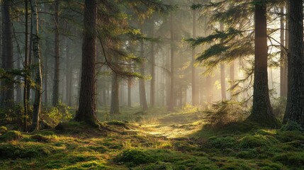 Obraz premium A serene forest scene with sunlight filtering through tall trees, casting a warm glow on the lush green floor.