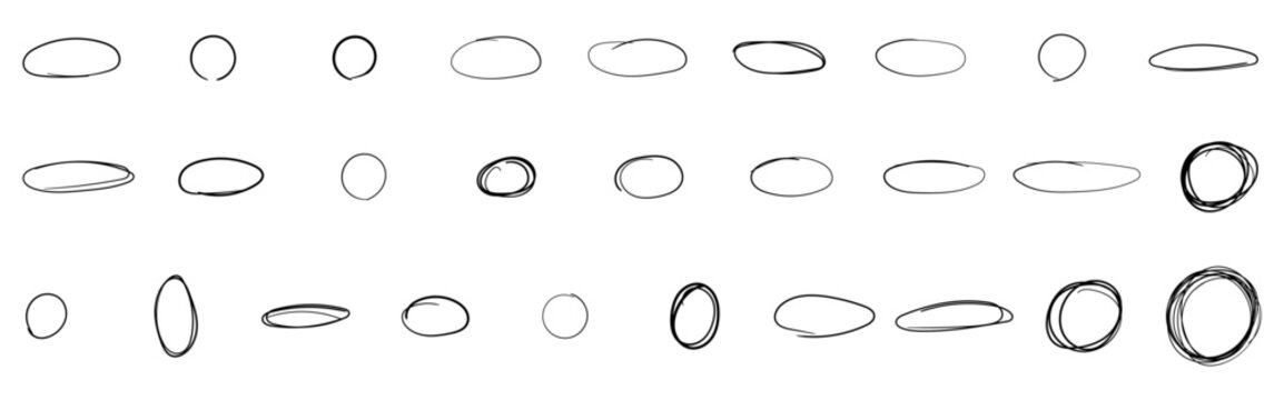Collection of hand-drawn scribble oval and circle marker shapes for emphasizing text, artistic framing, and design elements