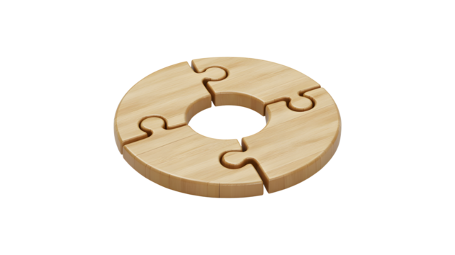 Interlocking puzzle pieces forming a circle, perfect for teamwork or strategy concepts, the wood grain effect adds a touch of warmth and organic feel