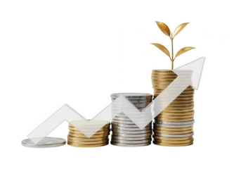 Golden coins and silver coins with growing plant and upward arrow isolated on transparent background