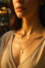 Photorealistic Woman Wearing Layered Delicate Gold Necklace | Elegant Minimalist Pendant Jewelry on Model | Close Up of Fine Layered Gold Chains | Stylish Fashion Portrait with Dainty Necklace 