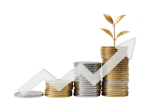 Golden coins and silver coins with growing plant and upward arrow isolated on transparent background