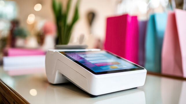 Macro close-up of modern white payment terminal for retail transactions and minimalistic financial technology - Powered by Adobe