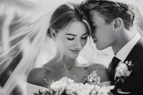 Black and white foto of amazing smiling wedding couple. Pretty bride and stylish groom posing and kisses tenderly in the shadow of a flying veil. Romantic moment.Together. Wedding. Marriage.