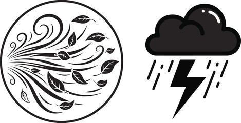 Vector Weather Icons: Blowing Wind with Leaves and Thunderstorm