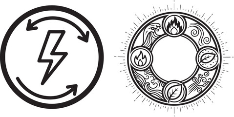 Black Line Art Vector Graphics: Energy Cycle and Elemental Nature Symbols