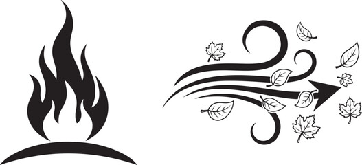 Minimalist Black Flames and Wind Blowing Leaves Vector Art