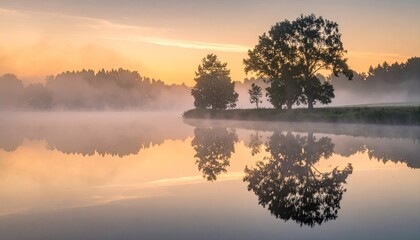 Peaceful misty lake at sunrise with silhouetted trees reflecting on the water's surface golden hour light illuminates the serene landscape