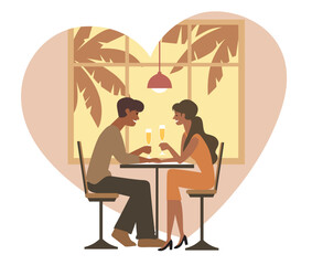 Сouple in love is sitting at table in restaurant. Man and woman are drinking champagne. Married couple is celebrating an anniversary. Man proposes in a restaurant. Valentine's Day illustration. Date