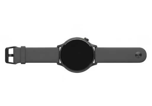 Contemporary smartwatch with dark grey silicone strap, top view - Powered by Adobe