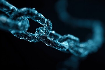 Abstract chain, digitally rendered in turquoise blue, with a network of interconnected points. Close-up of a section of the chain against a dark background