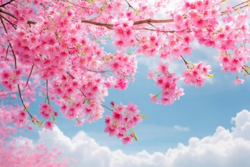 Obraz premium Delicate pink cherry blossoms against a light blue sky with fluffy clouds