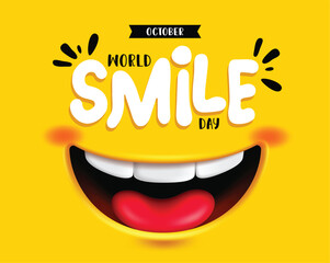 World smile day clipart banner design. World smile day greeting card clip art for October celebration with cute happy emoji smiling face in yellow background vector illustration.