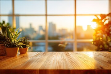 Fototapeta premium Wooden table in front of a large window overlooking a city at sunrise. Sunlight streams through the glass. Small potted plants sit on the table