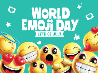 World Emoji day celebration clipart design. World emoji day greeting card clip art in green background with cute, happy, smile and cute face emoticon characters template background design.
