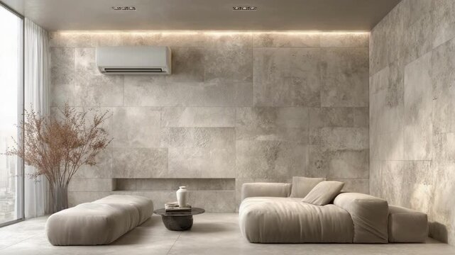 Minimalist living room with gray stone walls, low beige sectional sofa, round ottomans, small coffee table, dried branches, wall-mounted AC.