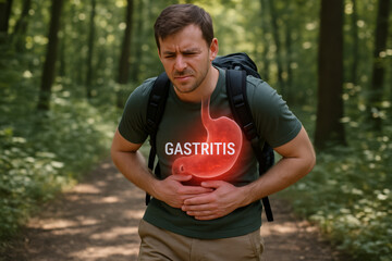 Fototapeta premium Man in forest with glowing stomach depiction expressing discomfort and pain from gastritis.