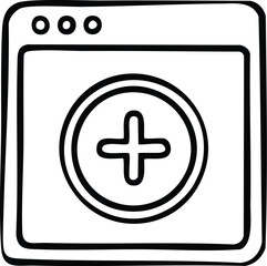 Obraz premium Doodle style illustration of a web browser interface with an encircled plus symbol, representing actions like adding new items, creating content, or expanding functionalities in a digital environment