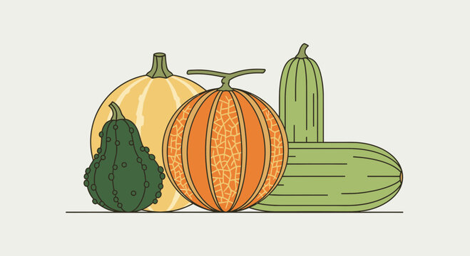Fresh Produce Illustration: A Vibrant Collection of Melons And Gourds in Modern Style