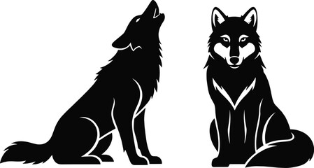 Wolf silhouette illustration, howling wolf vector, sitting wolf artwork, wildlife design, animal symbol concept, black and white drawing, nature inspired graphic