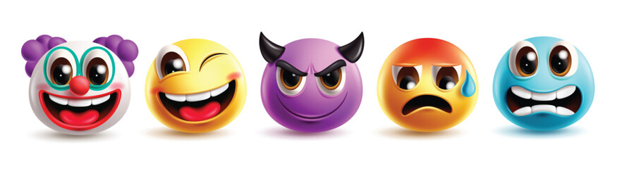 Emoji clown clipart character set. Emojis cute face clip art with winking, nervous, cold, joker, monster and funny facial expression emoticon graphic elements collection vector illustration.
