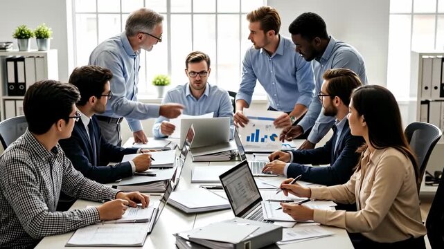 Diverse team of professionals collaborating in a modern office meeting room. - Powered by Adobe