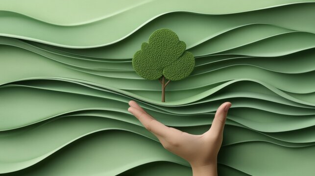 Fototapeta A hand gently supports a textured tree amidst flowing green layers, symbolizing growth and care for nature, Ideal for themes of environmental sustainability, eco-friendliness, and nature conservation