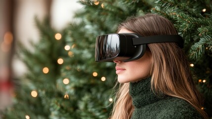 A woman wearing a virtual reality headset is seen against a backdrop of festive greenery and lights, ideal for technology, gaming, or holiday-themed content marketing,