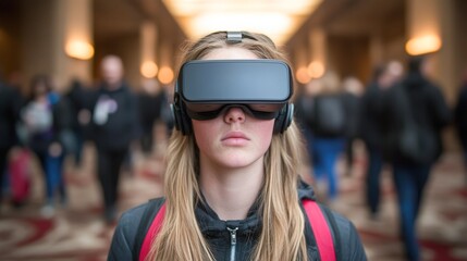 A young woman wearing virtual reality goggles and headphones stands among a busy crowd, illustrating the immersive technology experience, Ideal for tech-related marketing and educational content,