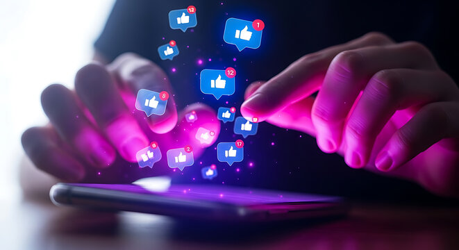 Person s hands interacting with a smartphone displaying social media likes and notifications