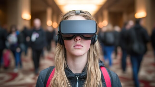 A young woman wearing virtual reality goggles and headphones stands among a busy crowd, illustrating the immersive technology experience, Ideal for tech-related marketing and educational content,