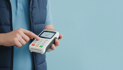 One person confirms e commerce delivery payment on handheld card reader