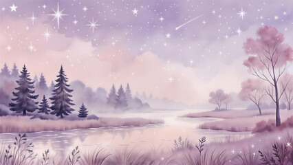 Sunrise in snowy mountain forest landscape