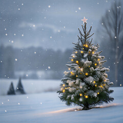 Christmas tree covered in snow during winter holiday season