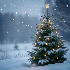 Christmas tree covered in snow during winter holiday season illustration