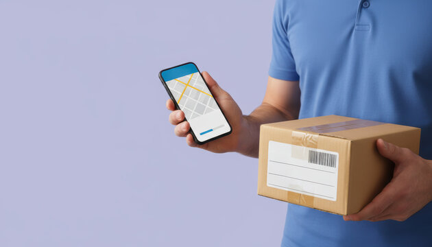 Delivery one person e commerce courier holds parcel and phone for tracking with calm mood