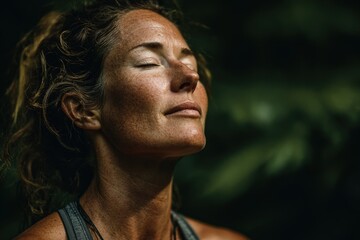 Woman with curly hair, eyes closed, enjoying nature, surrounded by lush greenery, exuding tranquility and peace, embodying mindfulness and relaxation in a serene environment