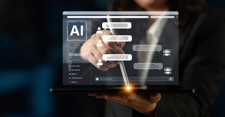 Fototapeta premium A user interface showing a conversational AI chatbot providing customer service. This virtual assistant answers user questions and provides support through an online platform. Fermion