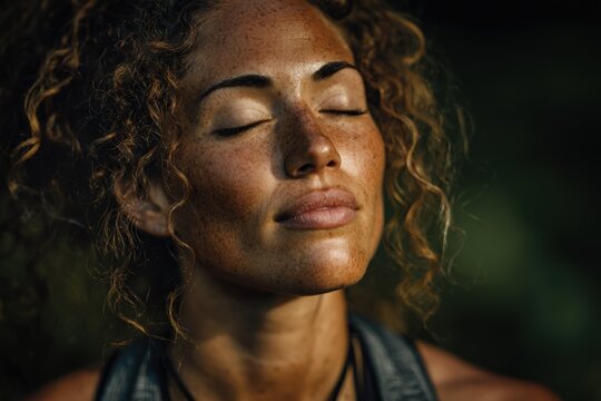 African American woman with curly hair, eyes closed, enjoying nature, surrounded by greenery, conveying tranquility and inner peace in a serene outdoor environment