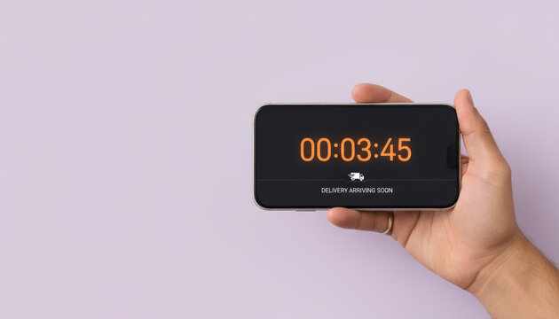 Delivery countdown timer one person e commerce on smartphone, minimal calm style