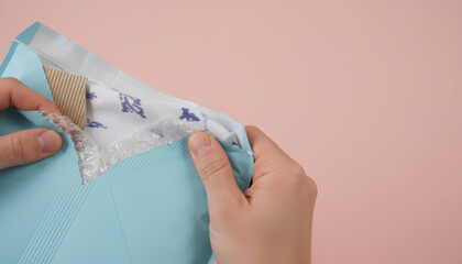 Delivery package opening by one person for e commerce order with careful hands