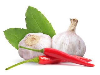 Ingredients for cooking, Holy basil leaves garlic red chili isolated on white background.