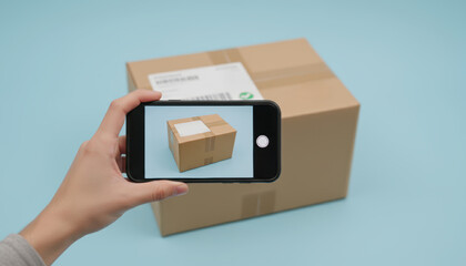 Hand holds smartphone, delivery photo of one box for e commerce on blue background