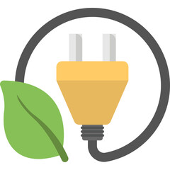 Green Leaf Symbol Embracing Electrical Plug and Cable Representing Eco Friendly Energy Concept Clean Renewable Power Source with Yellow Plug and Gray Cable on Transparent Background