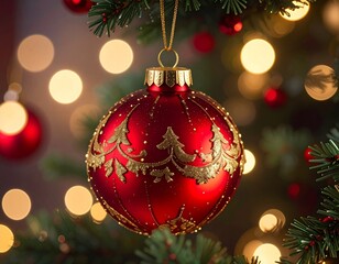 Red christmas ornament hanging on pine tree branch with gold design beautiful holiday decoration adornment shiny sphere bauble close up and bokeh background